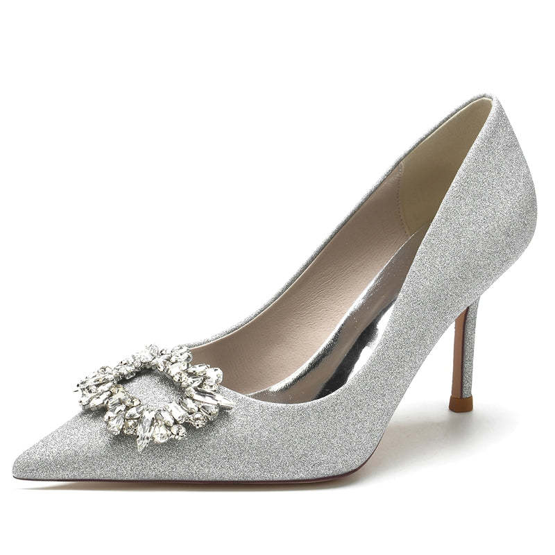 Elegant Closed-Toe Stiletto Heel Bridal Shoes for Women with Square Rhinestone