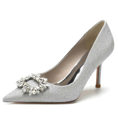 Elegant Closed-Toe Stiletto Heel Bridal Shoes for Women with Square Rhinestone