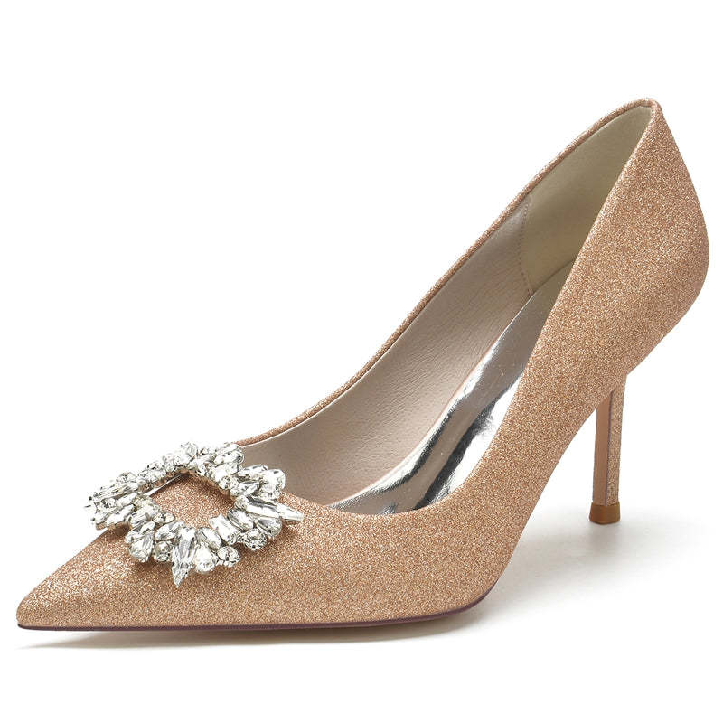 Elegant Closed-Toe Stiletto Heel Bridal Shoes for Women with Square Rhinestone