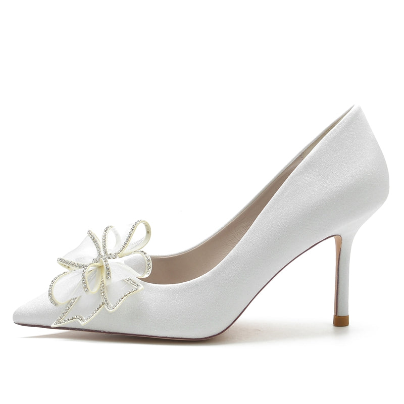 White Closed-Toe High Heel Bridal Shoes for Women with Bow and Rhinestone