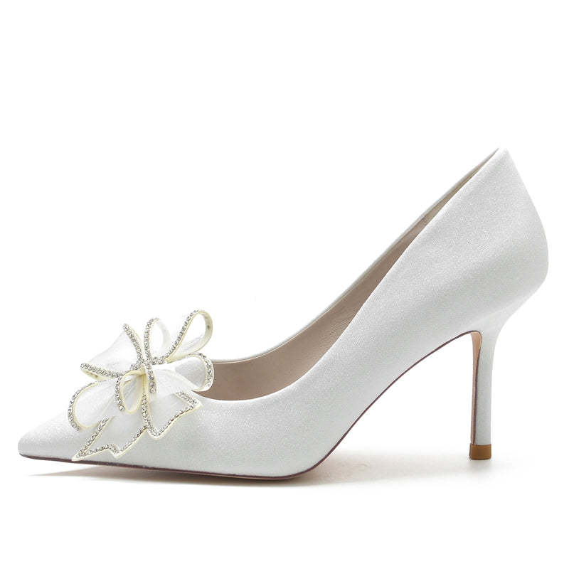 White Closed-Toe High Heel Bridal Shoes for Women with Bow and Rhinestone