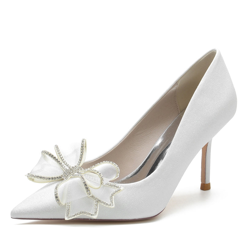 White Closed-Toe High Heel Bridal Shoes for Women with Bow and Rhinestone