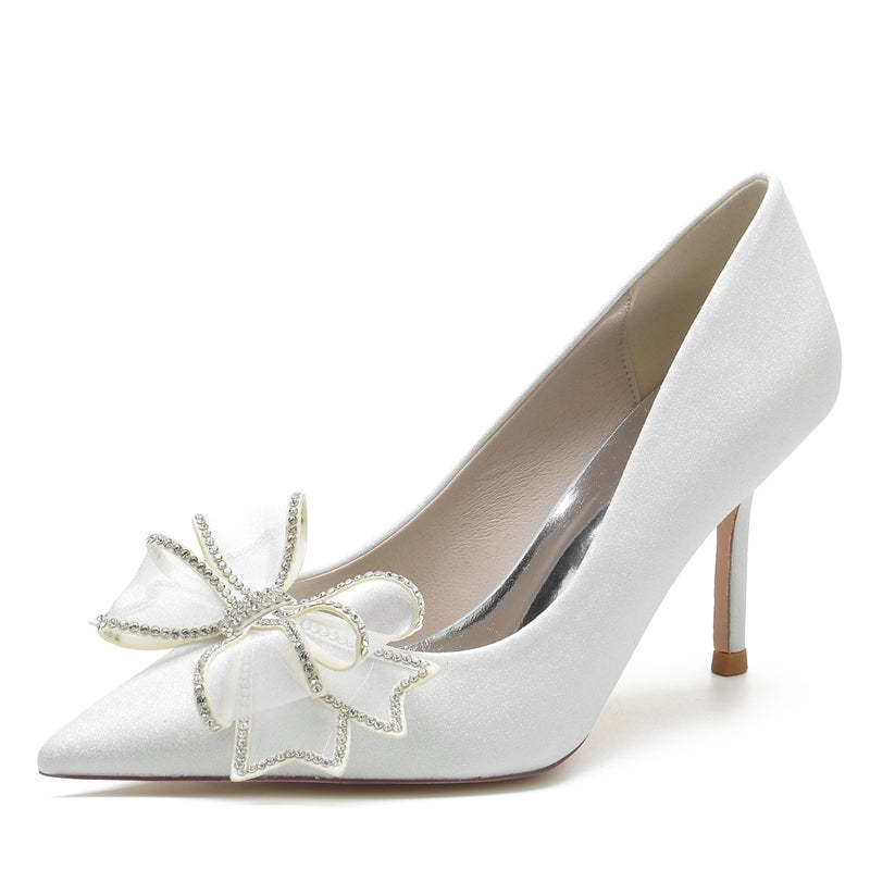 White Closed-Toe High Heel Bridal Shoes for Women with Bow and Rhinestone