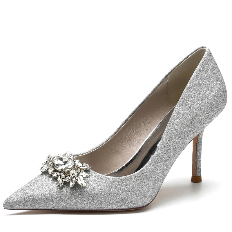 White Sparkling Bridal Shoes for Women with Rhinestone and Closed Toe