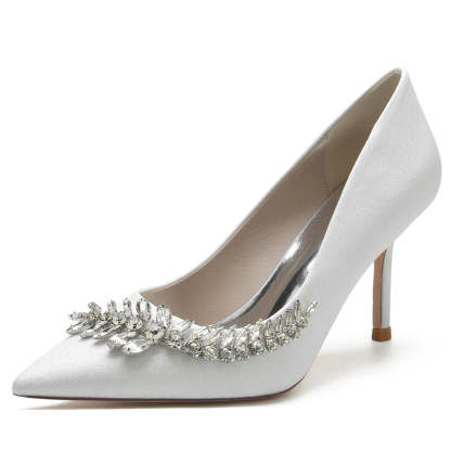 Silver Sparkling Bridal Shoes with Rhinestone for Women - Pointed Toe Stiletto Heel