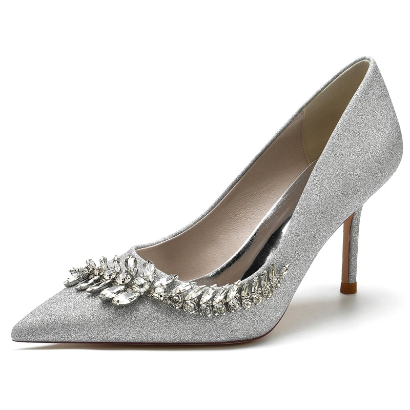 Silver Sparkling Bridal Shoes with Rhinestone for Women - Pointed Toe Stiletto Heel