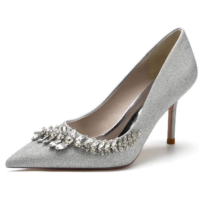 Silver Sparkling Bridal Shoes with Rhinestone for Women - Pointed Toe Stiletto Heel