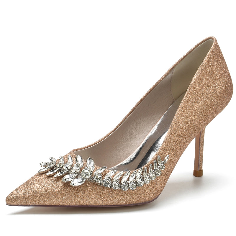 Silver Sparkling Bridal Shoes with Rhinestone for Women - Pointed Toe Stiletto Heel