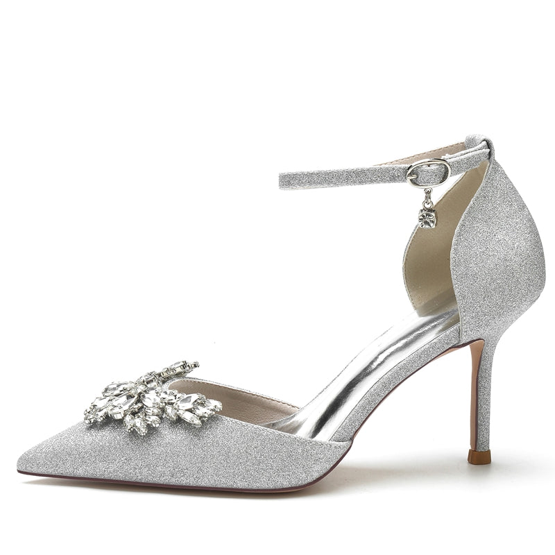 White Bridal Shoes for Women with Sparkling Rhinestone Buckle and Pointed Toe
