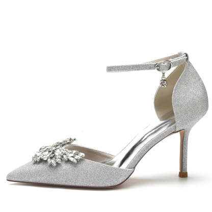 White Bridal Shoes for Women with Sparkling Rhinestone Buckle and Pointed Toe