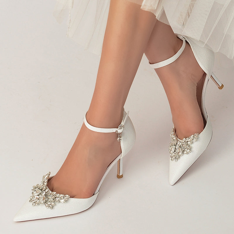 White Bridal Shoes for Women with Sparkling Rhinestone Buckle and Pointed Toe