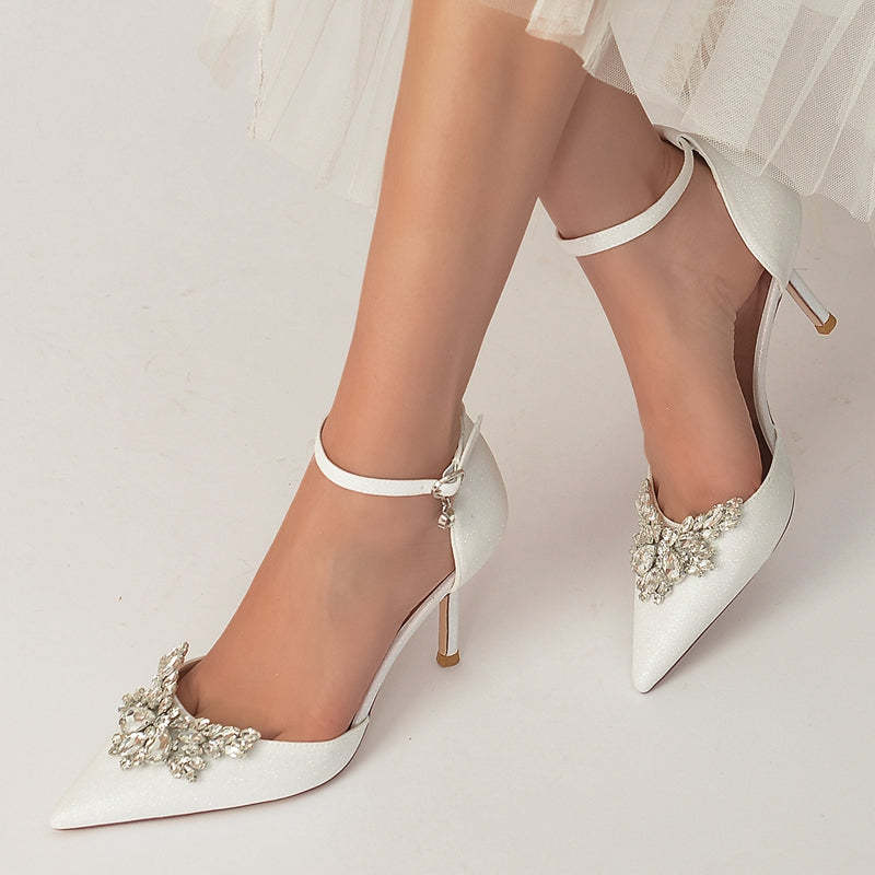 White Bridal Shoes for Women with Sparkling Rhinestone Buckle and Pointed Toe