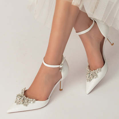White Bridal Shoes for Women with Sparkling Rhinestone Buckle and Pointed Toe