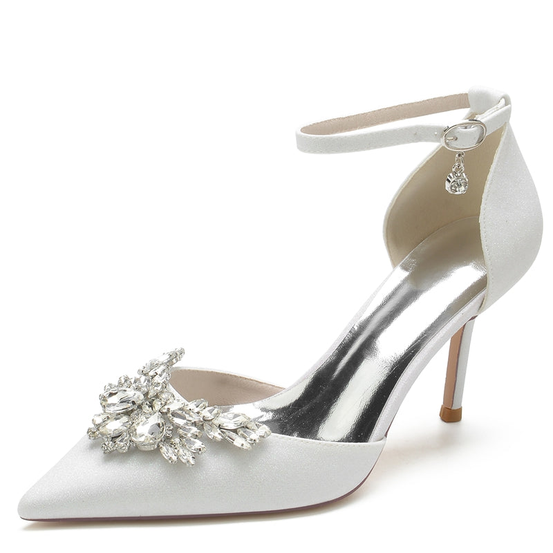 White Bridal Shoes for Women with Sparkling Rhinestone Buckle and Pointed Toe
