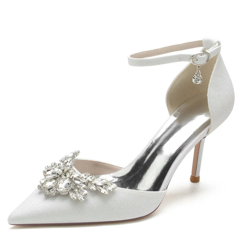 White Bridal Shoes for Women with Sparkling Rhinestone Buckle and Pointed Toe