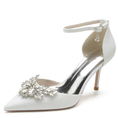 White Bridal Shoes for Women with Sparkling Rhinestone Buckle and Pointed Toe