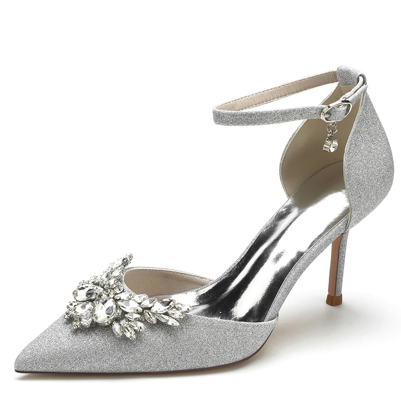 White Bridal Shoes for Women with Sparkling Rhinestone Buckle and Pointed Toe