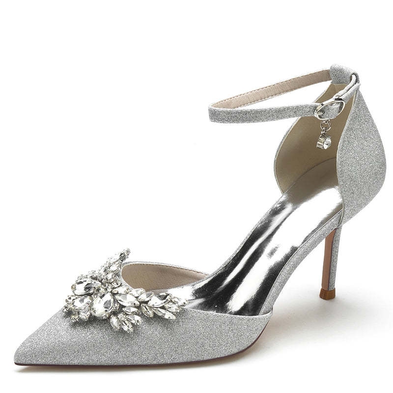 White Bridal Shoes for Women with Sparkling Rhinestone Buckle and Pointed Toe