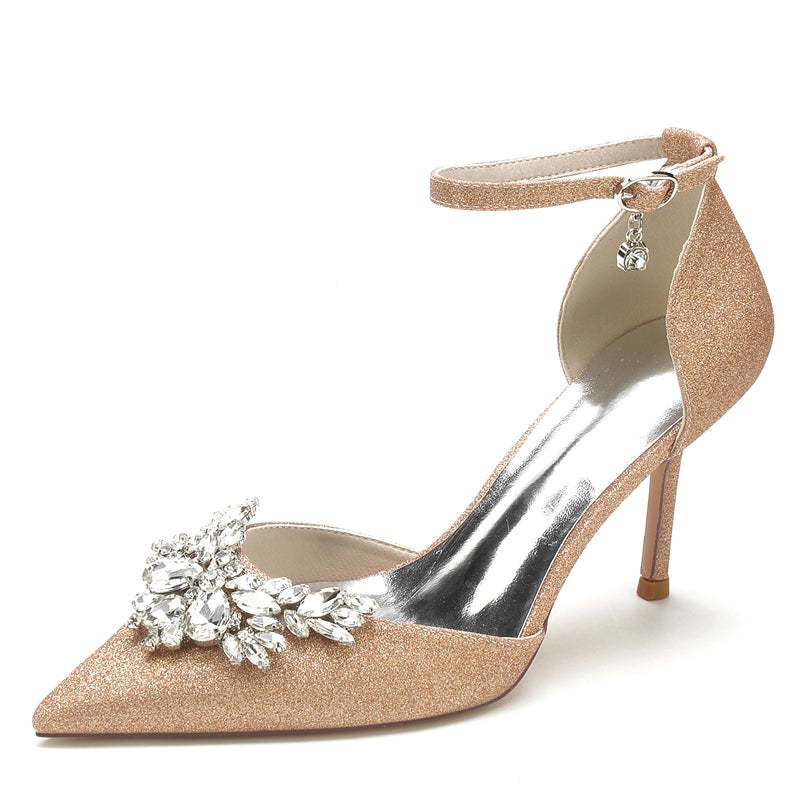 White Bridal Shoes for Women with Sparkling Rhinestone Buckle and Pointed Toe