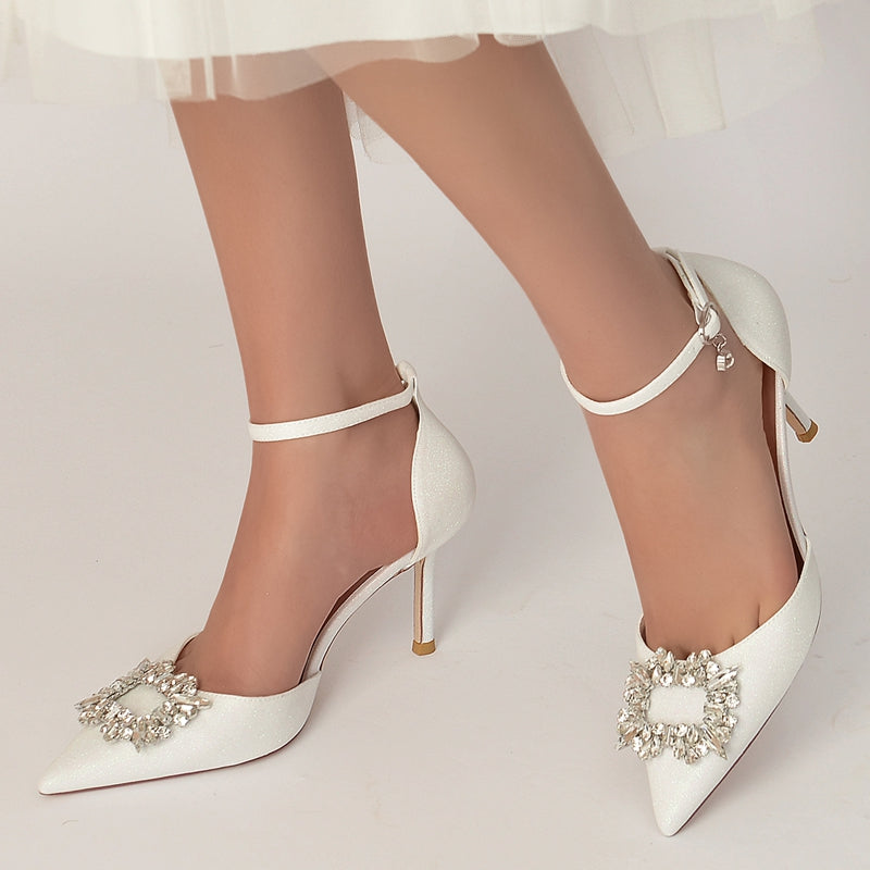 Luxurious Closed-Toe High Heel Bridal Shoes for Women with Square Rhinestone