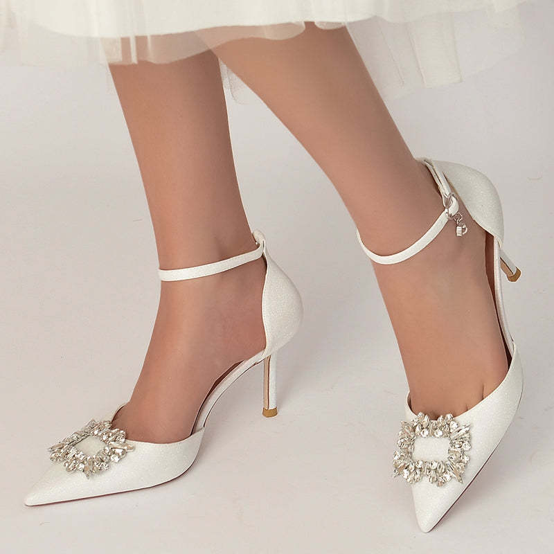 Luxurious Closed-Toe High Heel Bridal Shoes for Women with Square Rhinestone
