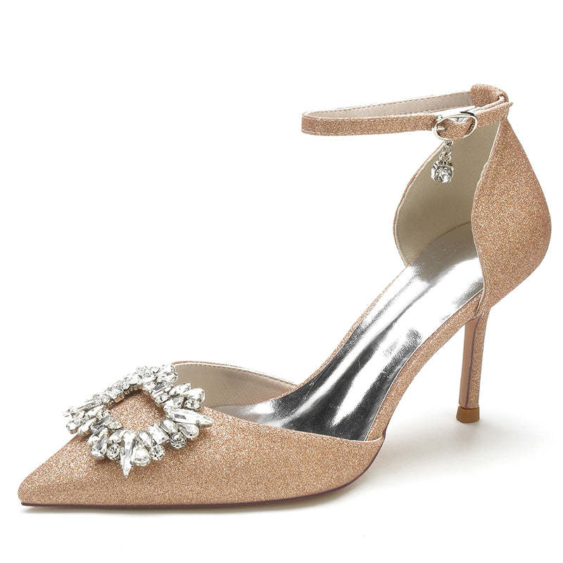 Luxurious Closed-Toe High Heel Bridal Shoes for Women with Square Rhinestone