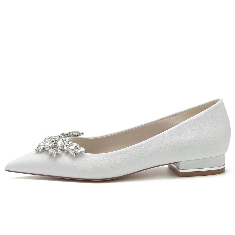 Classic White Bridal Shoes for Women with Delicate Rhinestone Closed Toe and Low Heel