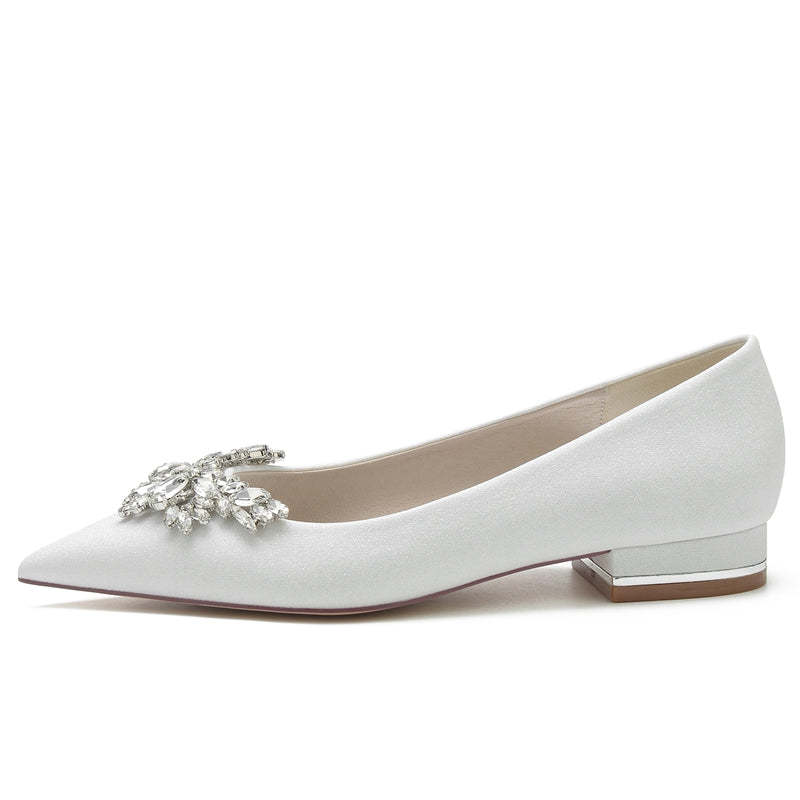 Classic White Bridal Shoes for Women with Delicate Rhinestone Closed Toe and Low Heel