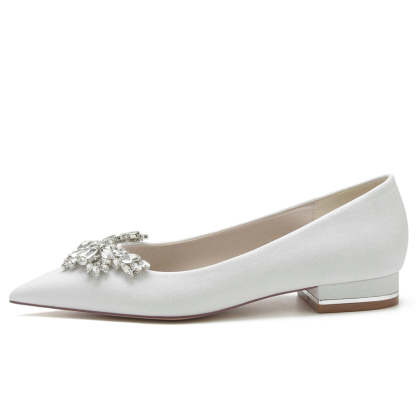 Classic White Bridal Shoes for Women with Delicate Rhinestone Closed Toe and Low Heel