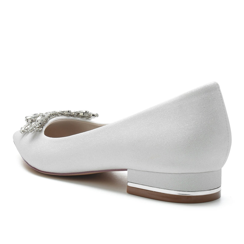 Classic White Bridal Shoes for Women with Delicate Rhinestone Closed Toe and Low Heel