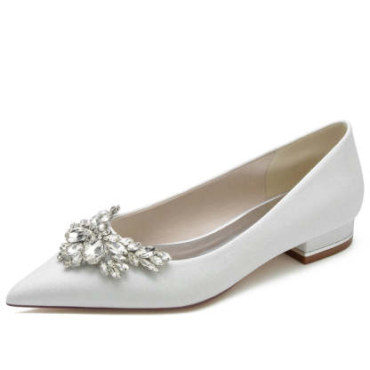 Classic White Bridal Shoes for Women with Delicate Rhinestone Closed Toe and Low Heel