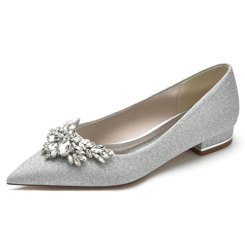 Classic White Bridal Shoes for Women with Delicate Rhinestone Closed Toe and Low Heel