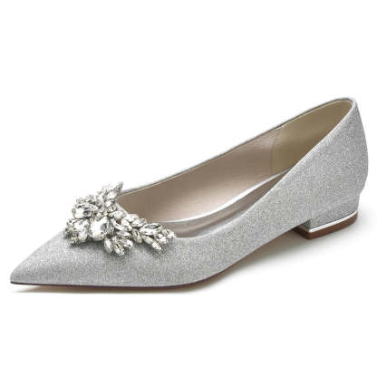 Classic White Bridal Shoes for Women with Delicate Rhinestone Closed Toe and Low Heel