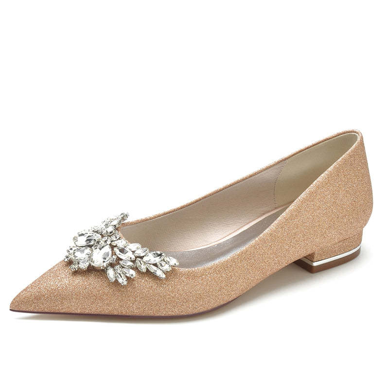 Classic White Bridal Shoes for Women with Delicate Rhinestone Closed Toe and Low Heel