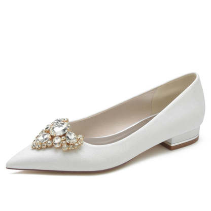 Elegant Closed-Toe Flat Heel Bridal Shoes for Women with Rhinestone
