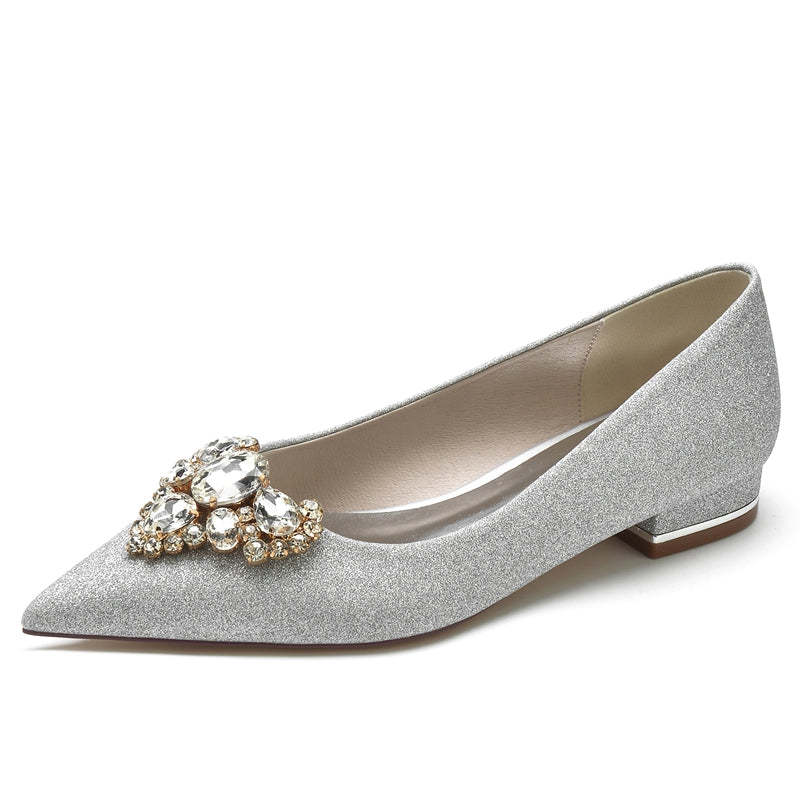 Elegant Closed-Toe Flat Heel Bridal Shoes for Women with Rhinestone