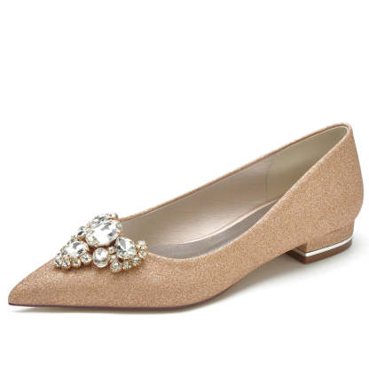 Elegant Closed-Toe Flat Heel Bridal Shoes for Women with Rhinestone