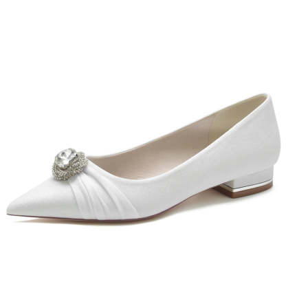 Elegant Bridal Shoes for Women with Rhinestone Beadings and Ruffles in Pointed Toe
