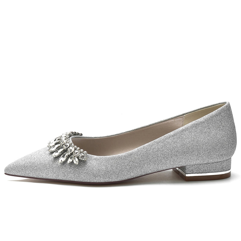 Bridal Shoes for Women with Pointed Toe and Low Heel Simple Design Featuring Curved Rhinestone