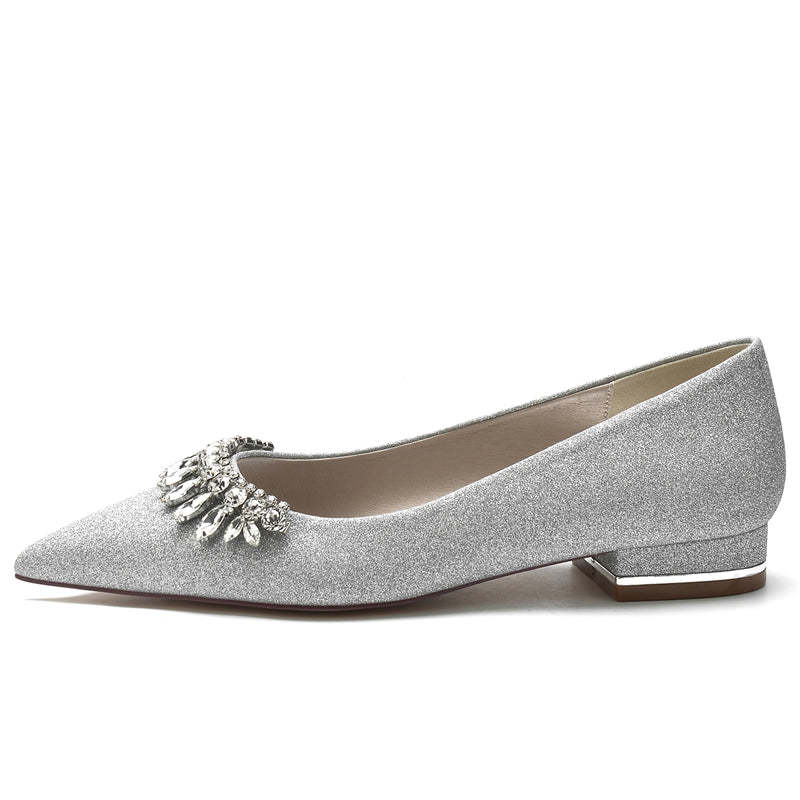 Bridal Shoes for Women with Pointed Toe and Low Heel Simple Design Featuring Curved Rhinestone
