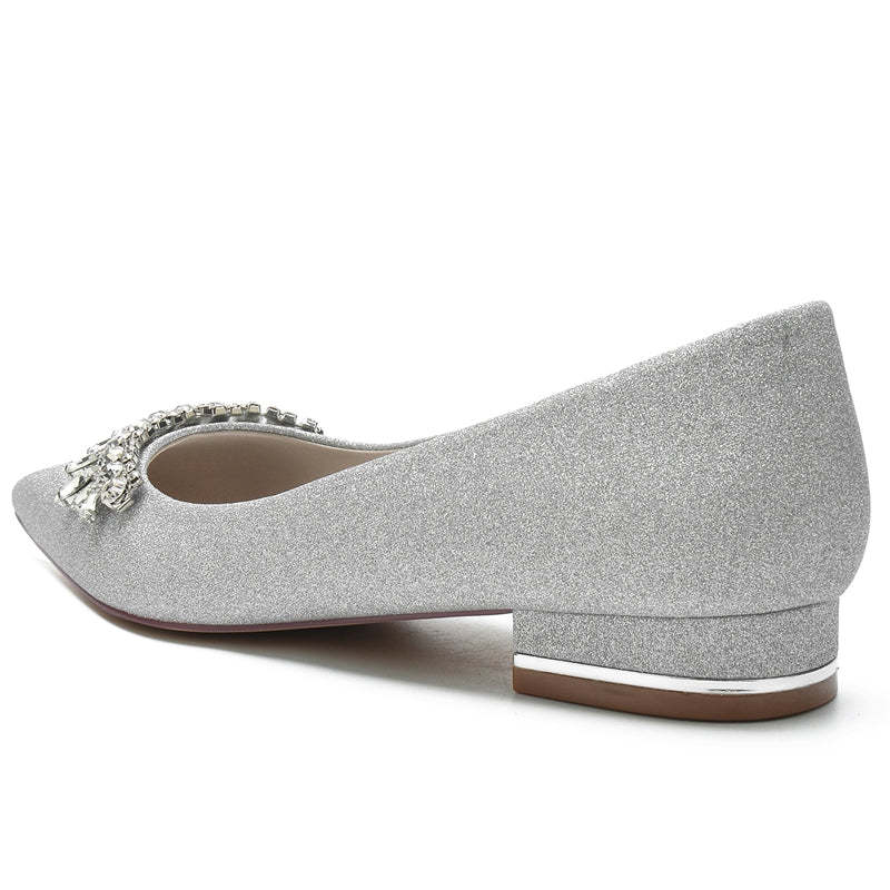 Bridal Shoes for Women with Pointed Toe and Low Heel Simple Design Featuring Curved Rhinestone