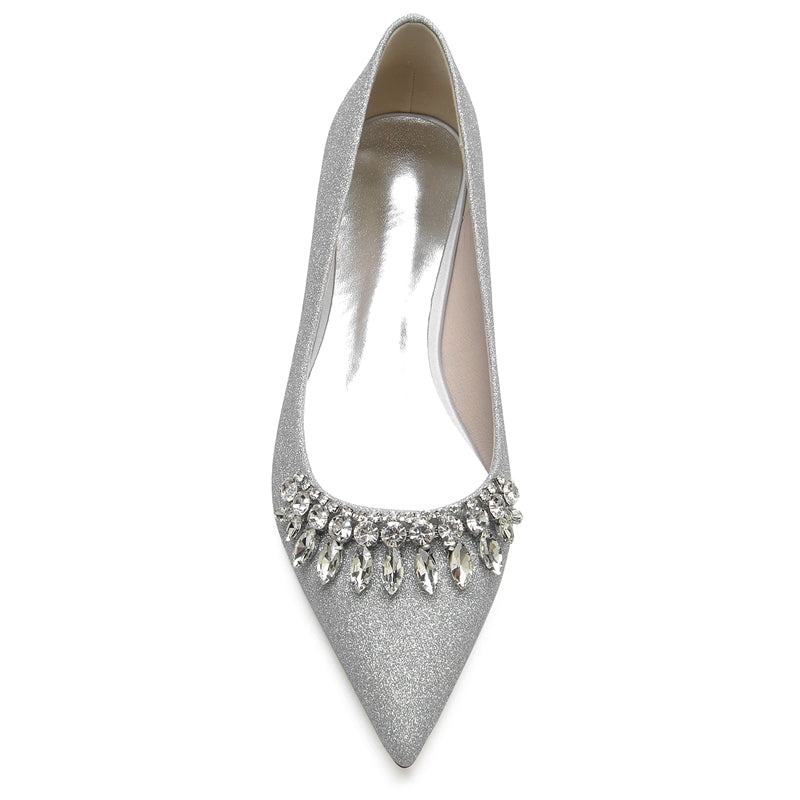 Bridal Shoes for Women with Pointed Toe and Low Heel Simple Design Featuring Curved Rhinestone