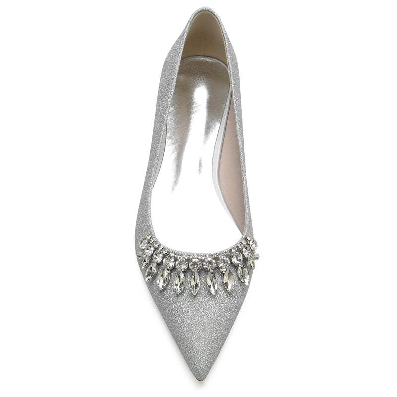 Bridal Shoes for Women with Pointed Toe and Low Heel Simple Design Featuring Curved Rhinestone