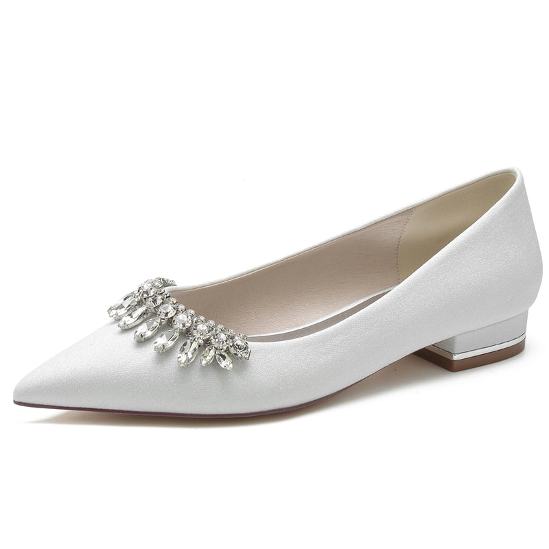 Bridal Shoes for Women with Pointed Toe and Low Heel Simple Design Featuring Curved Rhinestone