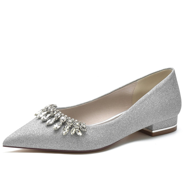 Bridal Shoes for Women with Pointed Toe and Low Heel Simple Design Featuring Curved Rhinestone