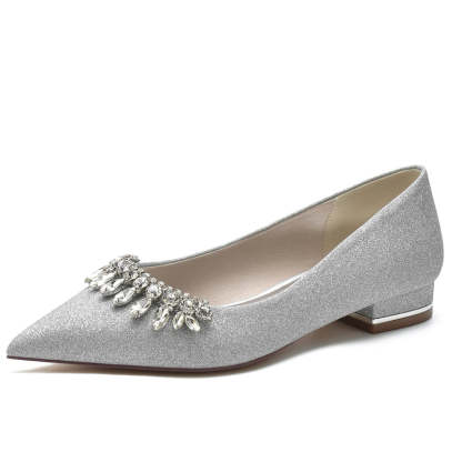 Bridal Shoes for Women with Pointed Toe and Low Heel Simple Design Featuring Curved Rhinestone