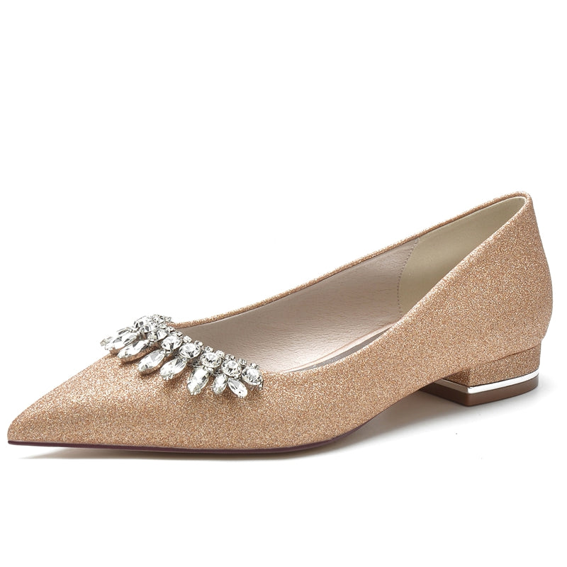 Bridal Shoes for Women with Pointed Toe and Low Heel Simple Design Featuring Curved Rhinestone