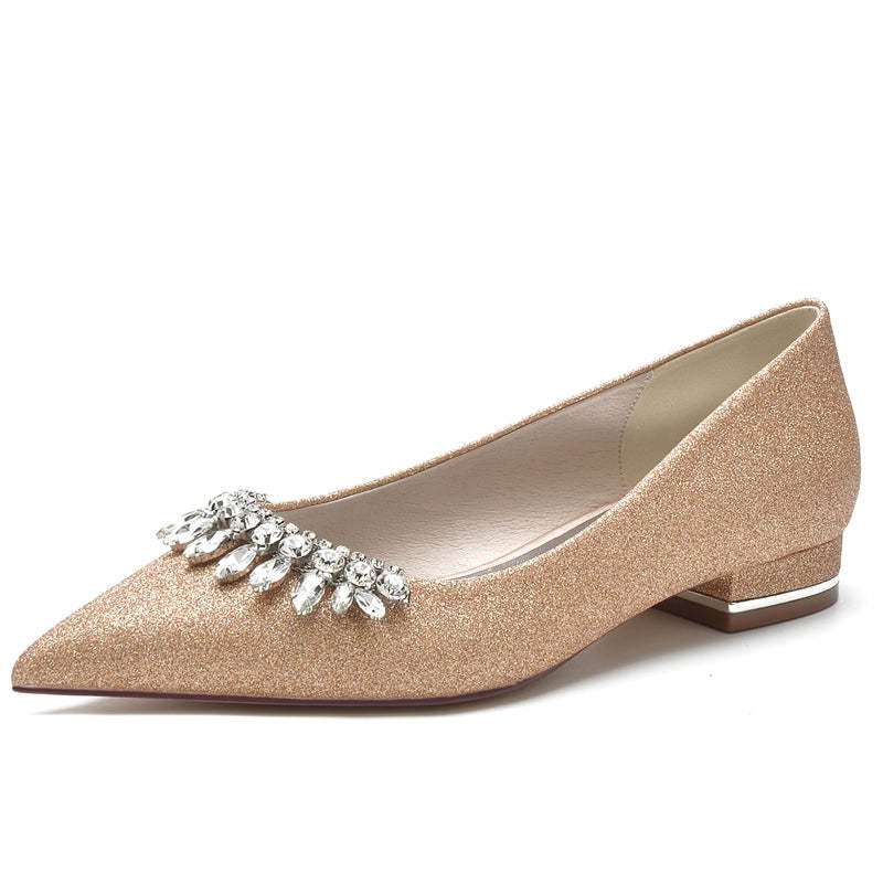 Bridal Shoes for Women with Pointed Toe and Low Heel Simple Design Featuring Curved Rhinestone