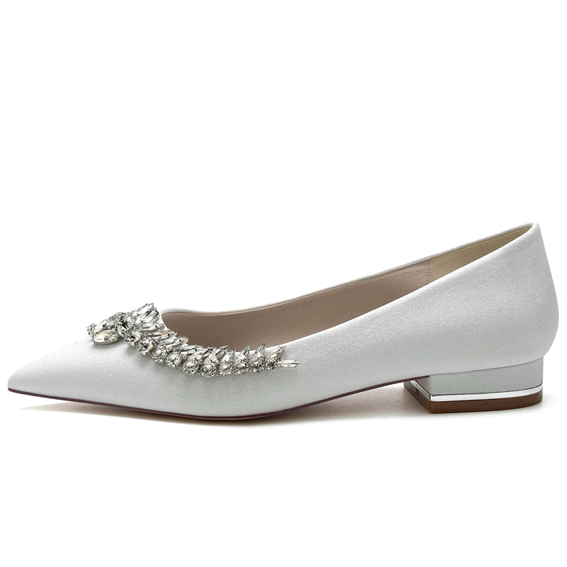 Bridal Shoes for Women with Pointed Toe Square Heel and Asymmetrical Rhinestone Design