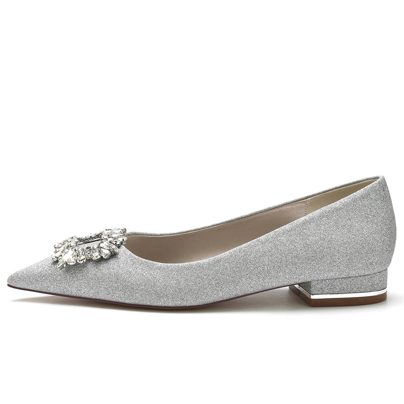 Elegant Closed-Toe Flat Heel Bridal Shoes for Women with Square Rhinestone